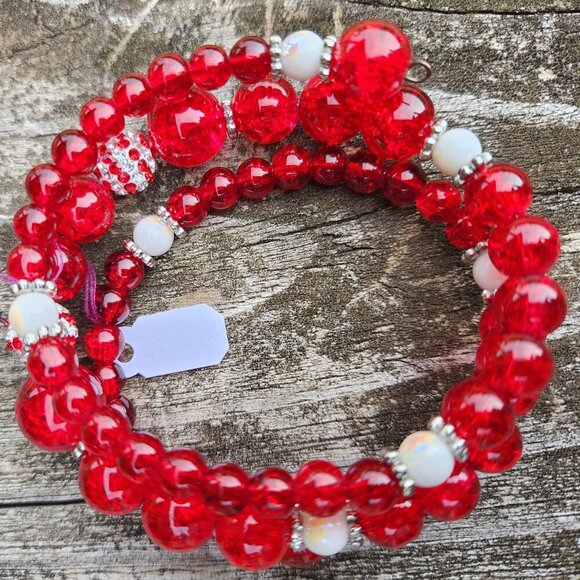 Hand Crafted Jewelry - Hand Crafted Wrap Bracelet Memory Wire Red White Silver Rhinestones